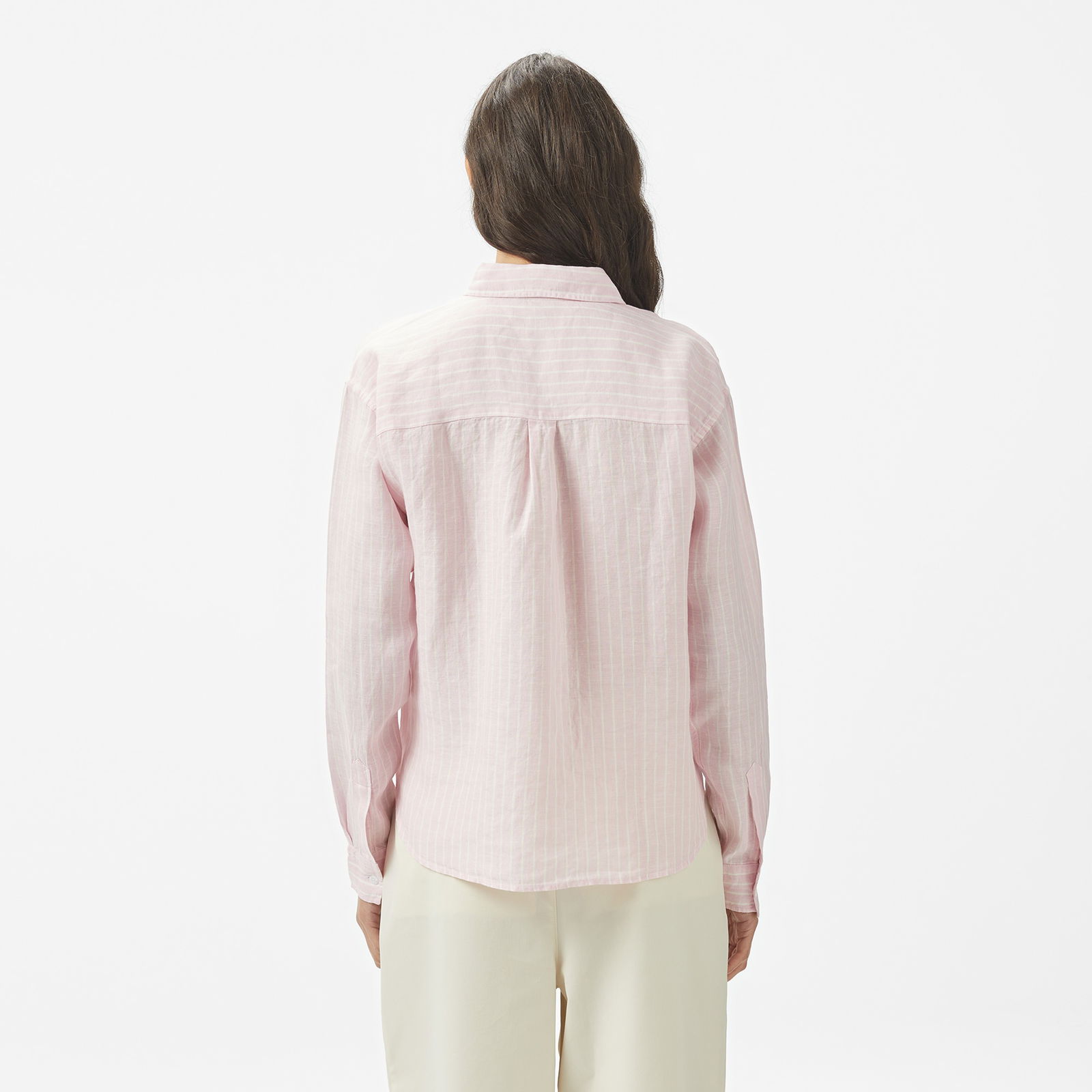 Nautica Kadın Pembe Regular Fit Keten Çizgili Gömlek