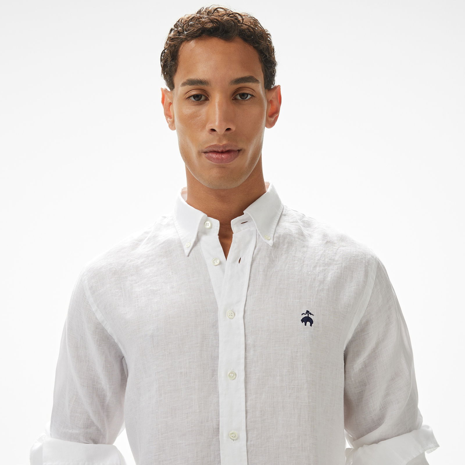 Brooks Brothers Düğmeli Yaka Regular Fit %100 Keten Erkek Beyaz Gömlek