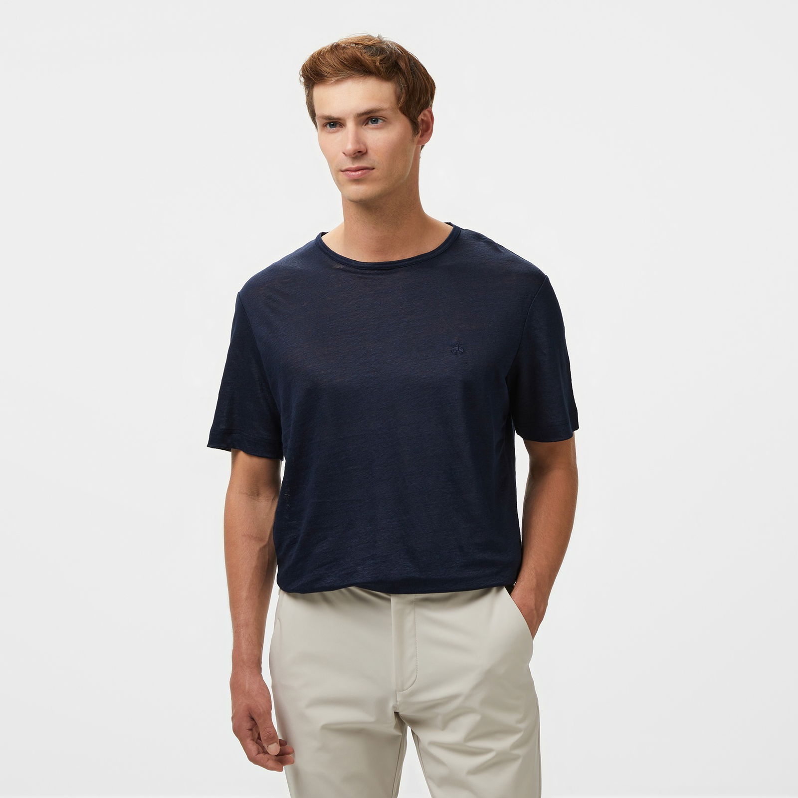 Brooks Brothers %100 Keten Bisiklet Yaka Erkek Lacivert T-Shirt