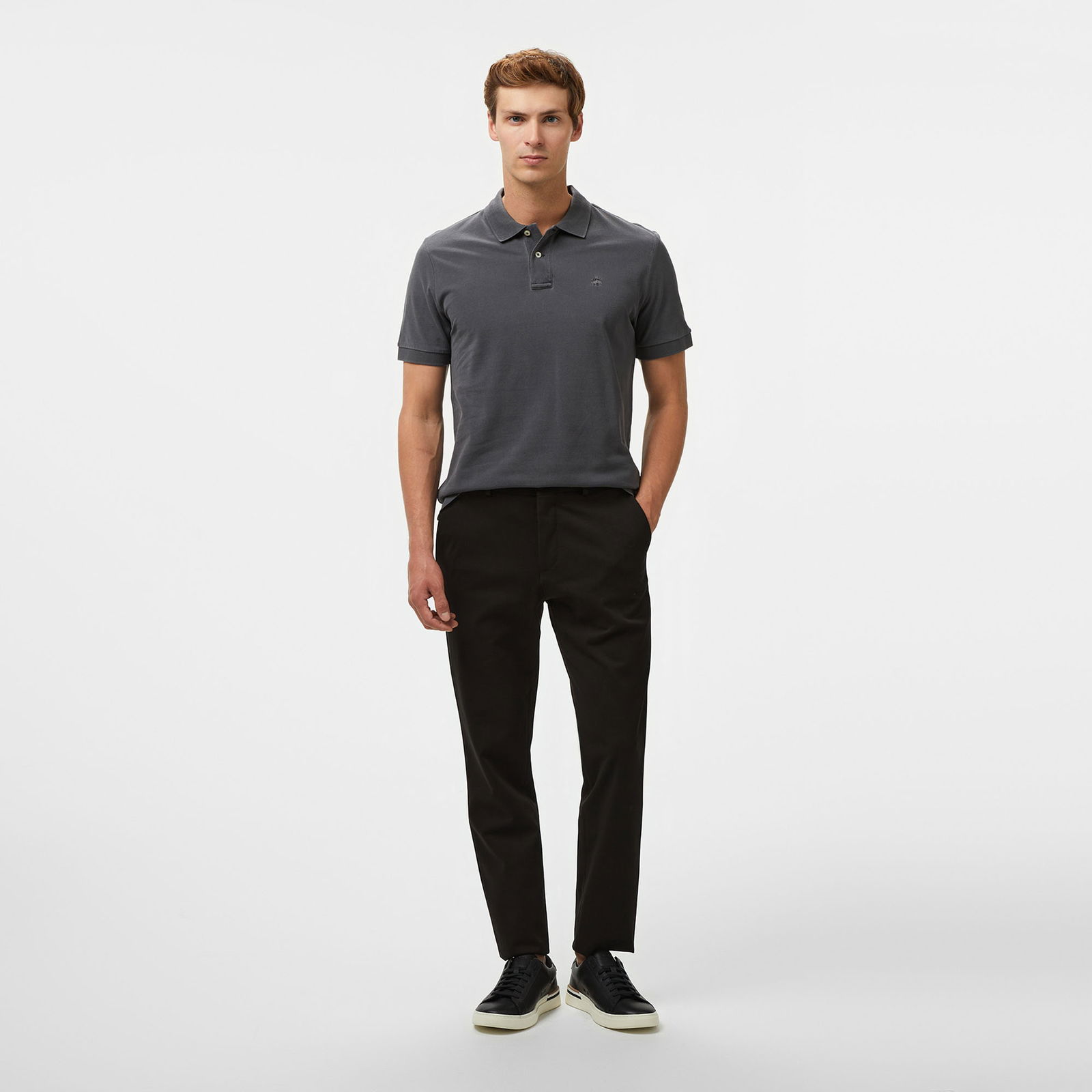 Brooks Brothers Polo Yaka Parça Boya 2 Düğmeli Erkek Gri T-Shirt