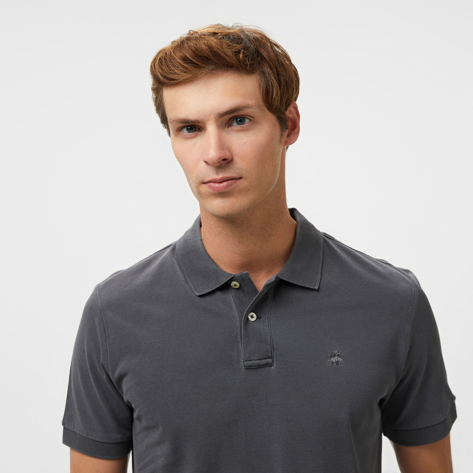 Brooks Brothers Polo Yaka Parça Boya 2 Düğmeli Erkek Gri T-Shirt