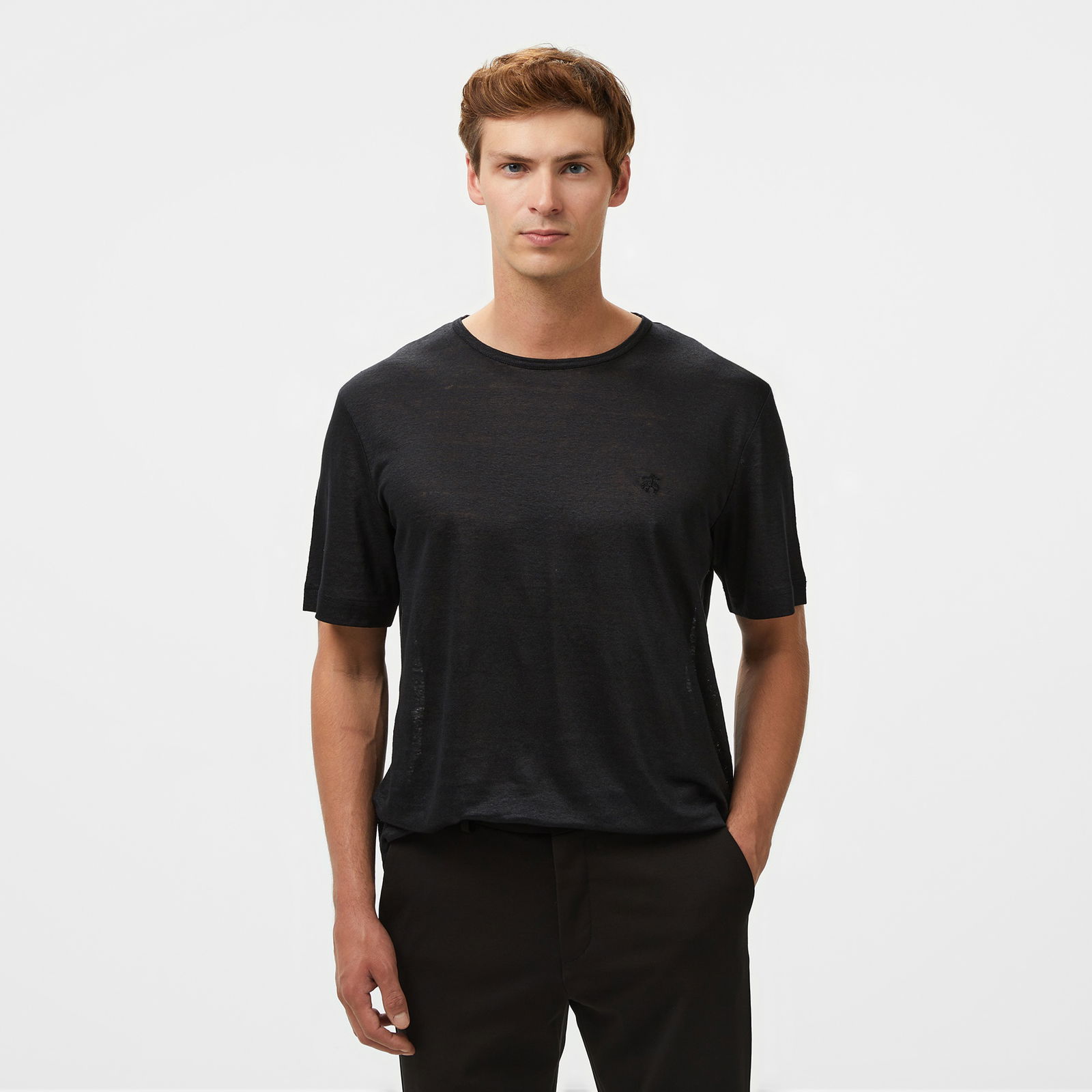 Brooks Brothers %100 Keten Bisiklet Yaka Erkek Siyah T-Shirt