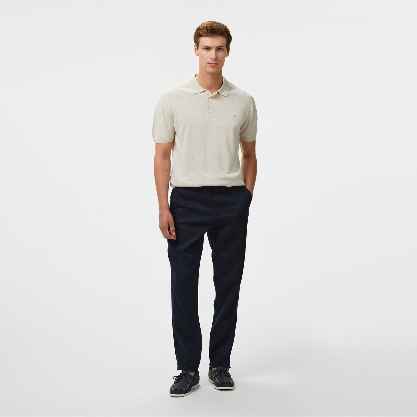 Brooks Brothers Polo Yaka Kısa Kol Keten Karışımlı Erkek Bej Kazak