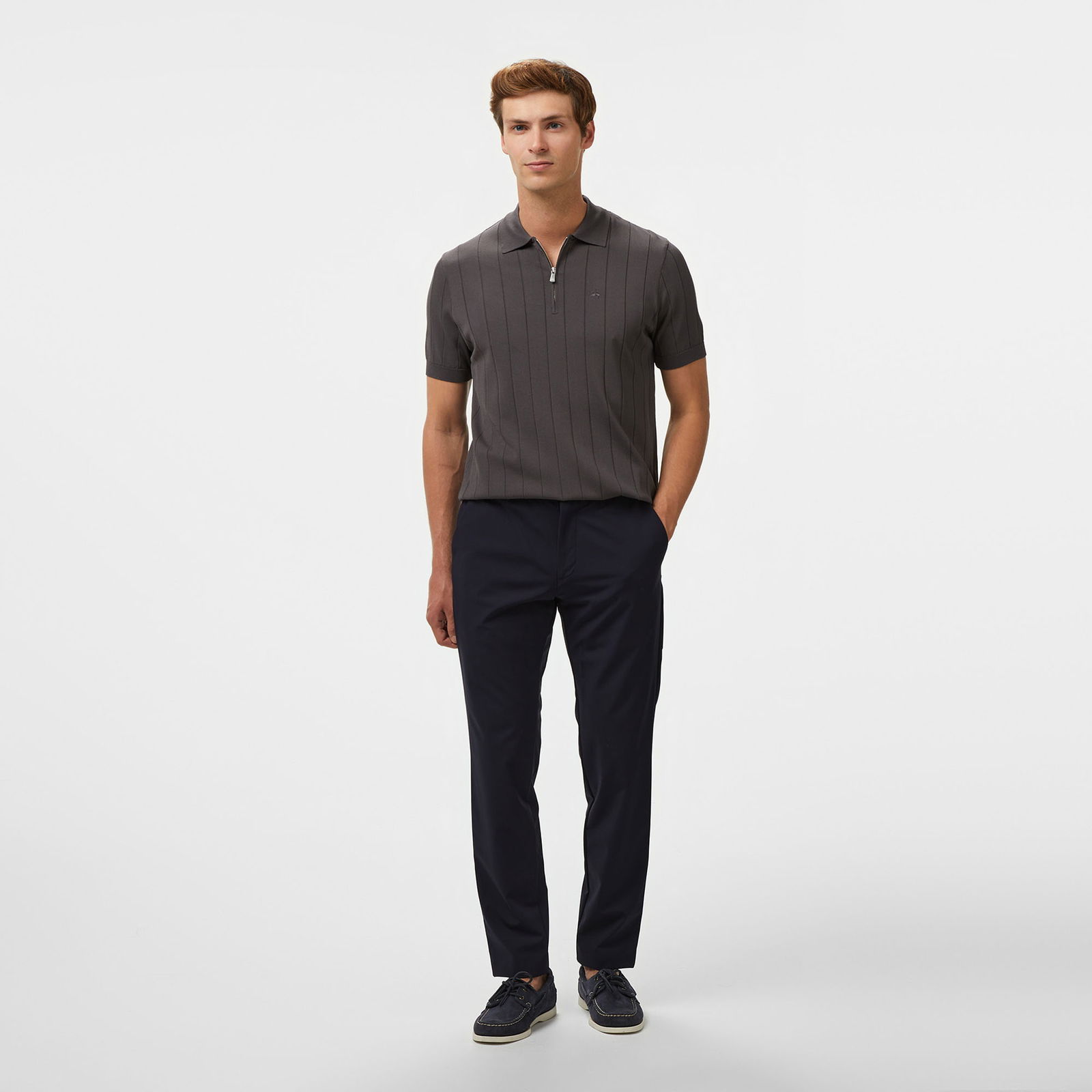Brooks Brothers Polo Yaka Nervürlü Rayon Kısa Kol Erkek Gri Kazak