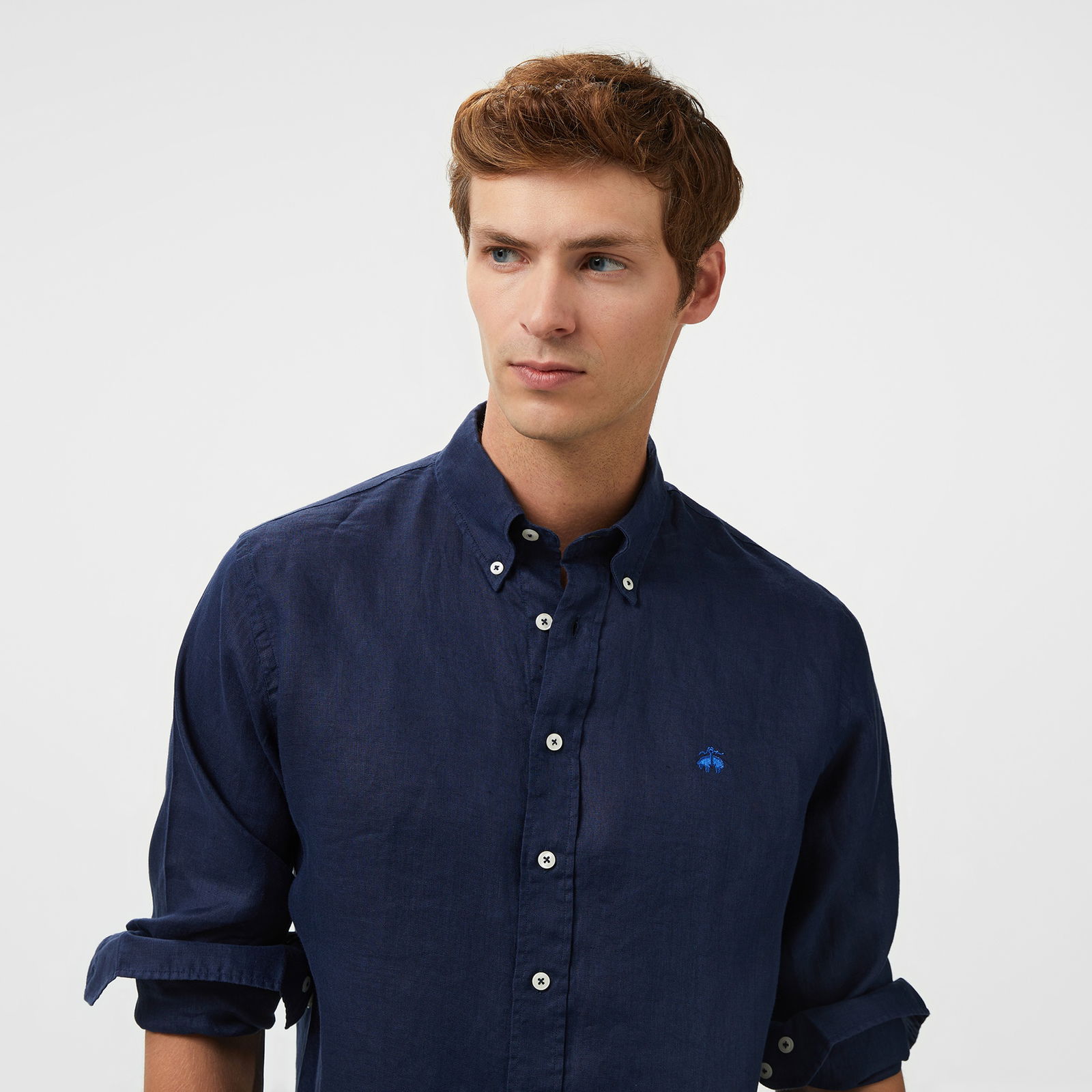 Brooks Brothers Düğmeli Yaka Regular Fit %100 Keten Uzun Kollu Erkek Lacivert Gömlek