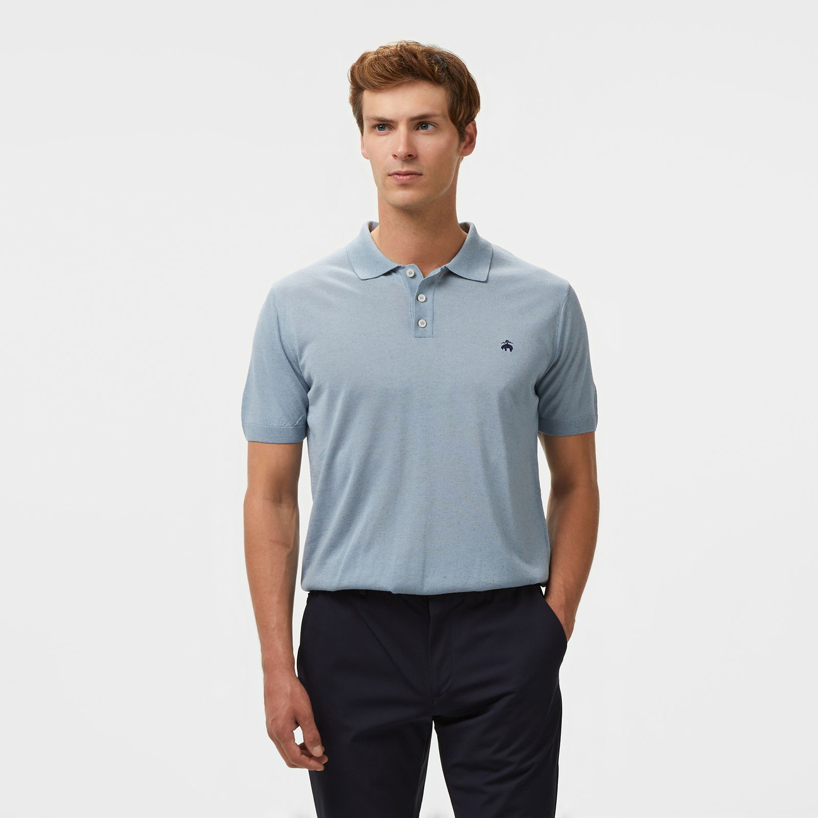 Brooks Brothers Polo Yaka Kısa Kol Keten Karışımlı Erkek Mavi Kazak