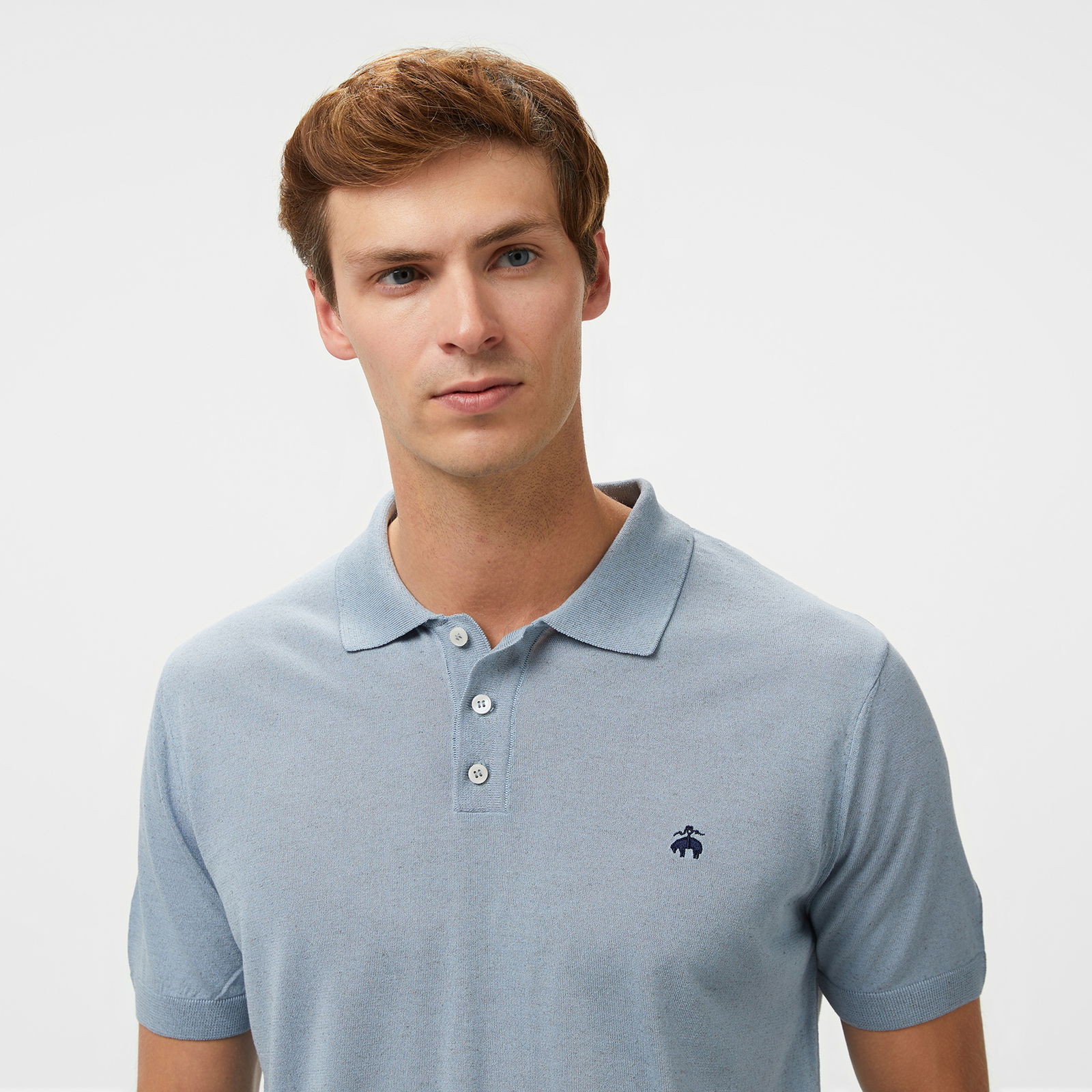 Brooks Brothers Polo Yaka Kısa Kol Keten Karışımlı Erkek Mavi Kazak