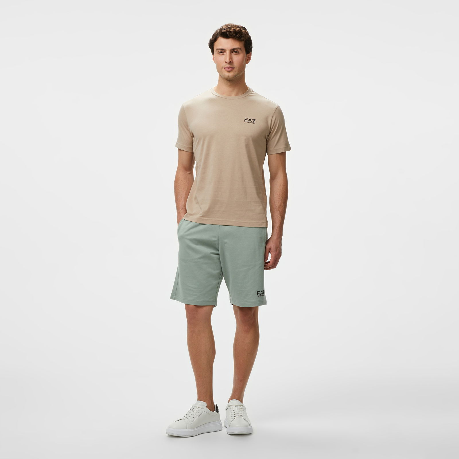 EA7 Erkek Bej Bisiklet Yaka T-Shirt