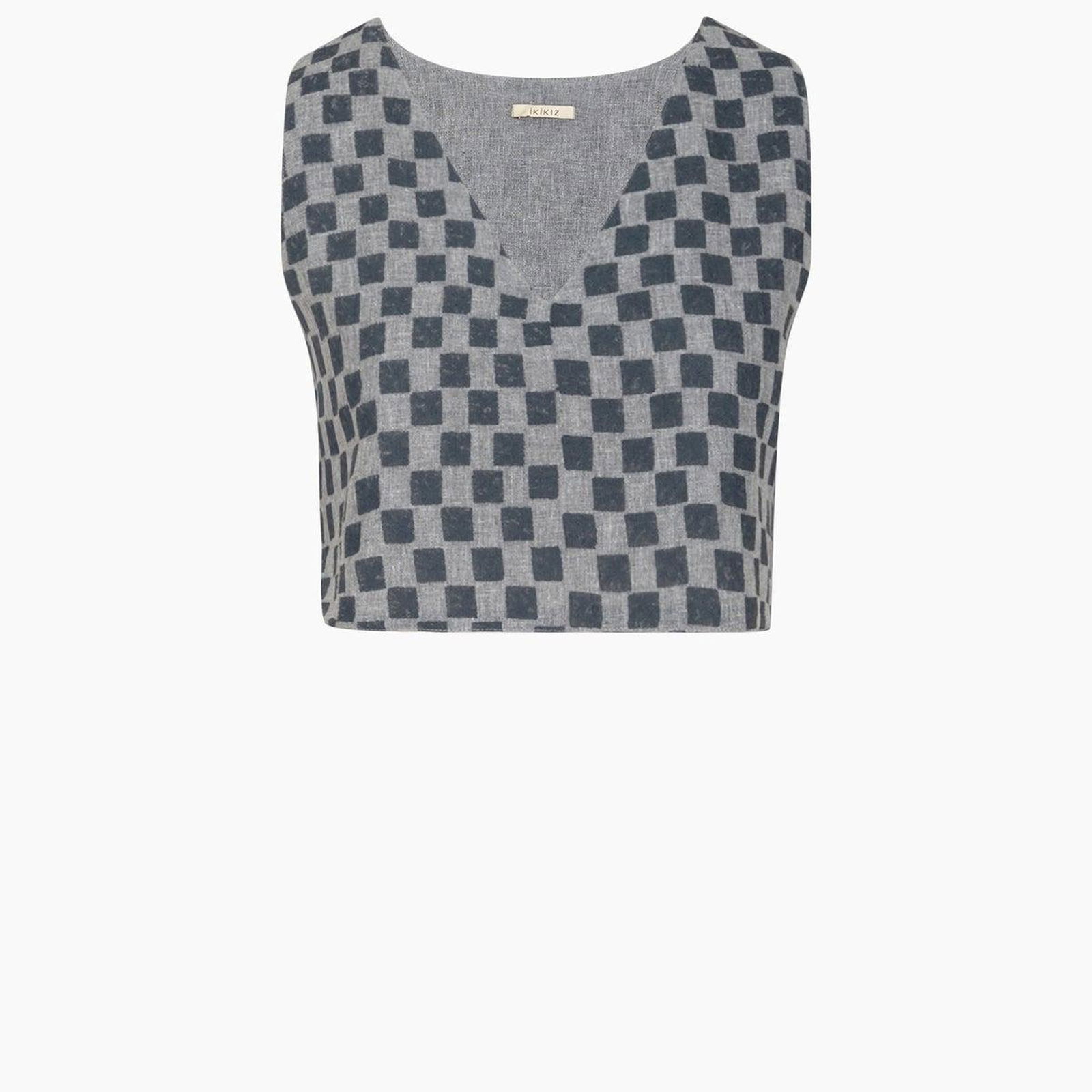 İKİKIZ Dama Desenli Crop Bluz Kadın Gri