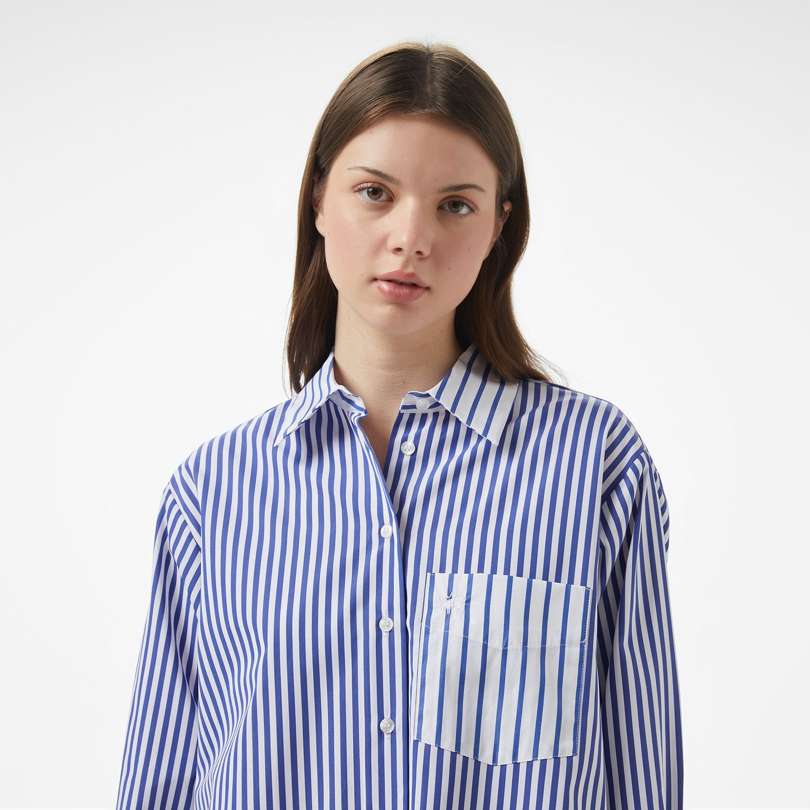 Brooks Brothers %100 Pamuk Kontrast Çizgi Manşetli Oversize Kadın Lacivert Gömlek