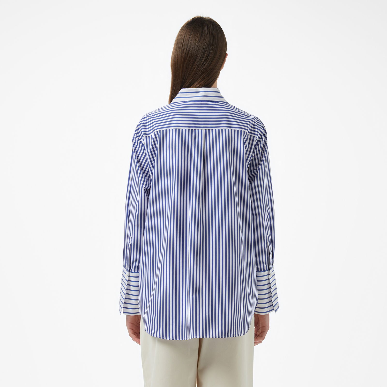 Brooks Brothers %100 Pamuk Kontrast Çizgi Manşetli Oversize Kadın Lacivert Gömlek