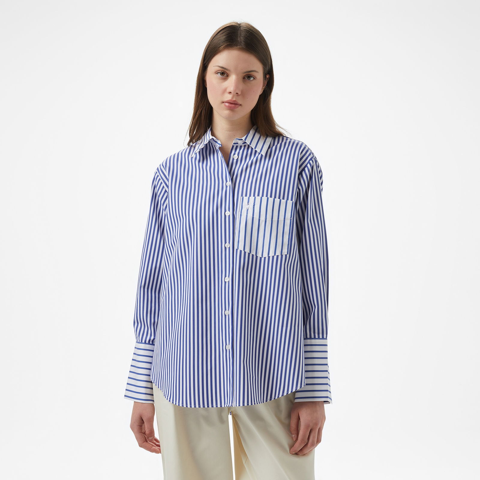 Brooks Brothers %100 Pamuk Kontrast Çizgi Manşetli Oversize Kadın Lacivert Gömlek