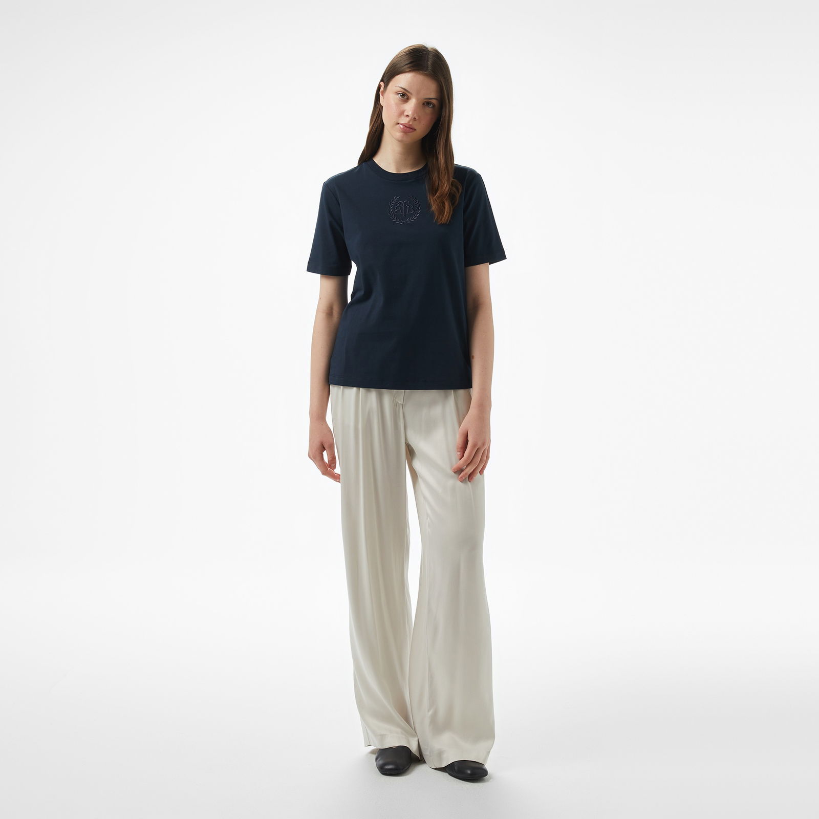 Brooks Brothers Bisiklet Yaka Önü Bb Nakışlı Kadın Lacivert T-Shirt