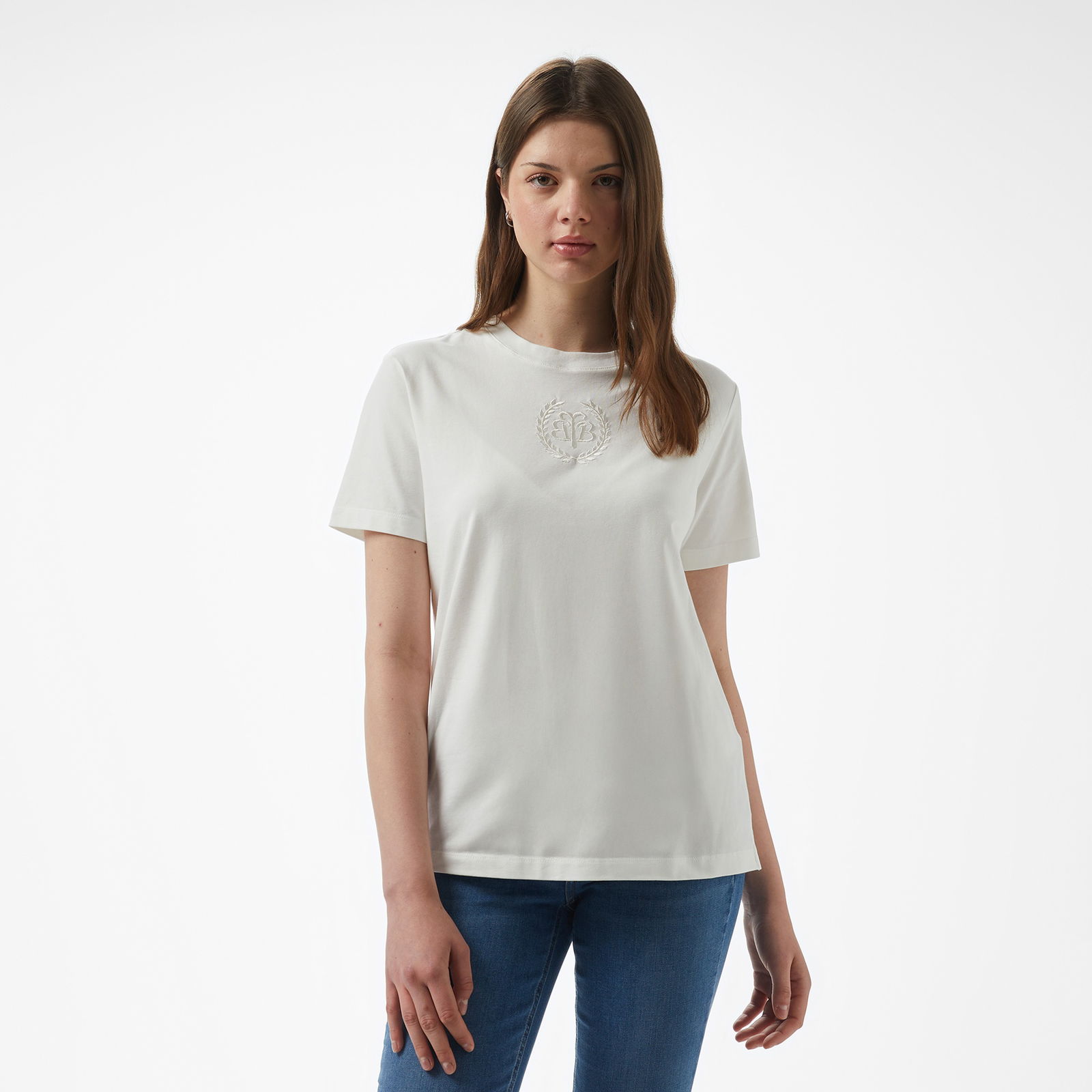 Brooks Brothers Bisiklet Yaka Önü Bb Nakışlı Kadın Beyaz T-Shirt