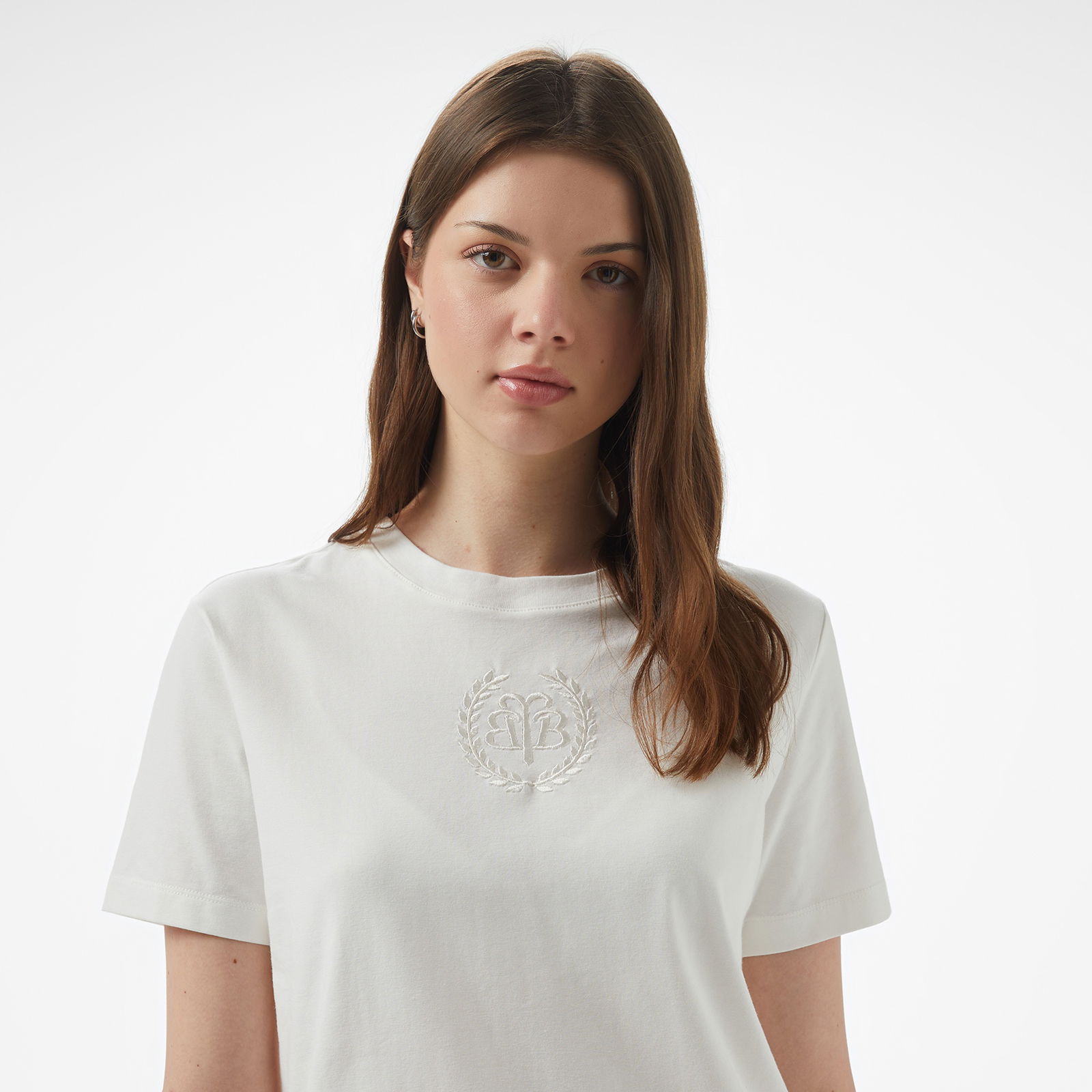 Brooks Brothers Bisiklet Yaka Önü Bb Nakışlı Kadın Beyaz T-Shirt