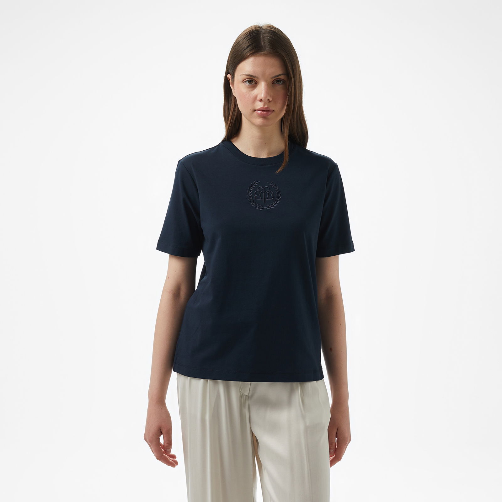 Brooks Brothers Bisiklet Yaka Önü Bb Nakışlı Kadın Lacivert T-Shirt