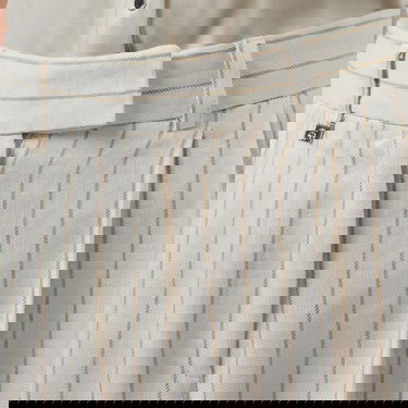  Brooks Brothers Metal Logolu  Çift Pileli Çizgili Keten Kadın Krem Pantolon