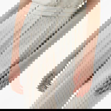  Brooks Brothers Metal Logolu  Çift Pileli Çizgili Keten Kadın Krem Pantolon