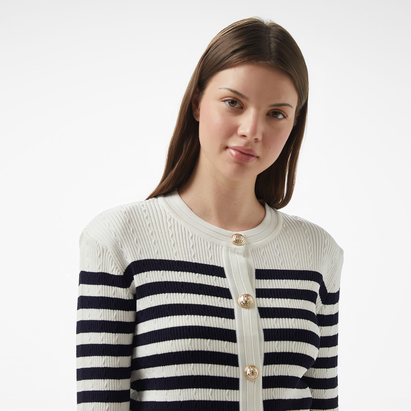 Brooks Brothers Bisiklet Yaka Çizgili Metal Düğmeli Rayon Triko Kadın Beyaz Ceket
