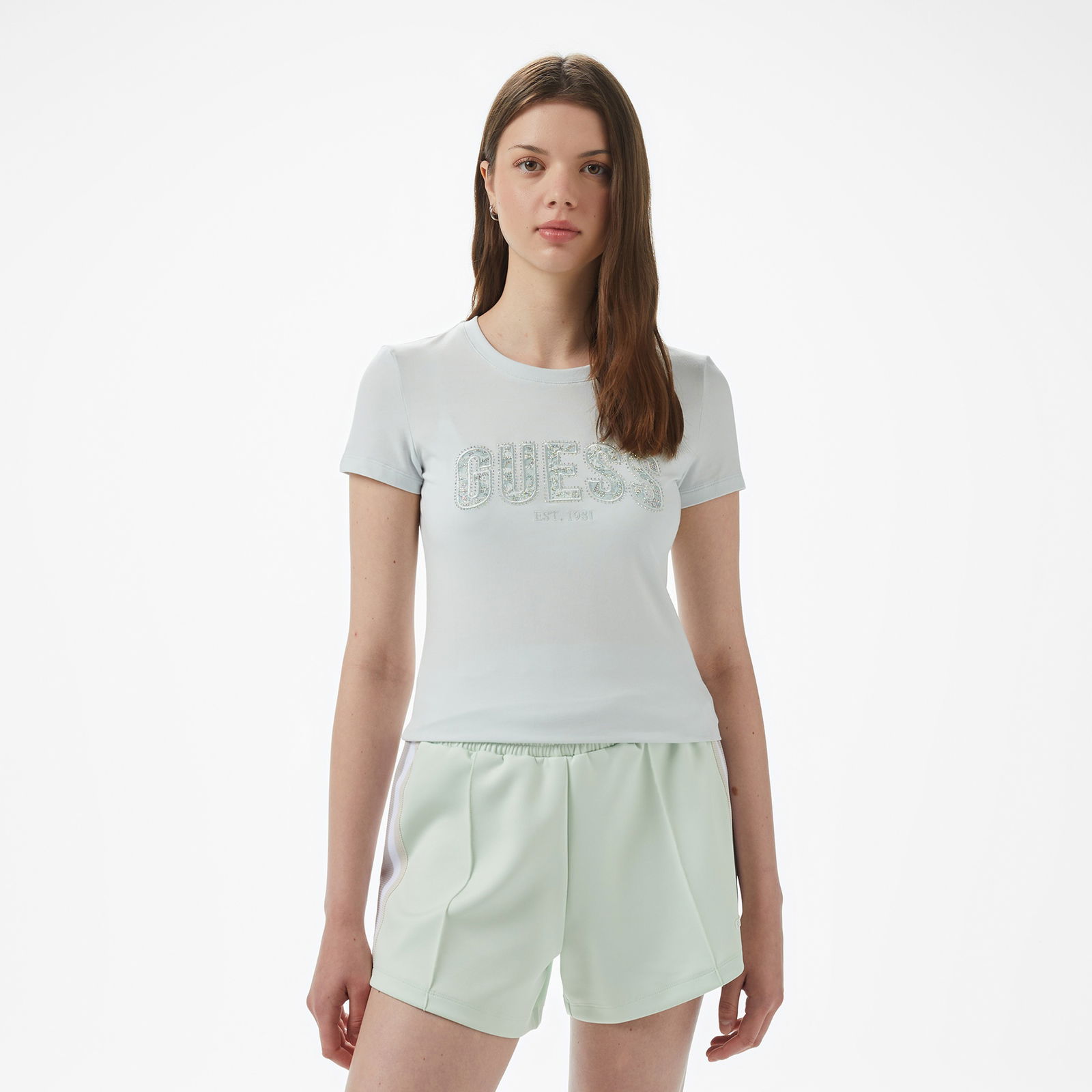 Guess Cn Ss Logo Lace Tee  Kadın Mavi T-Shirt