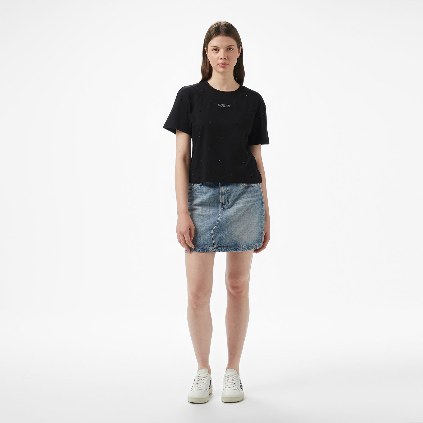 Guess Primula Rhinestones  Kadın Siyah T-Shirt