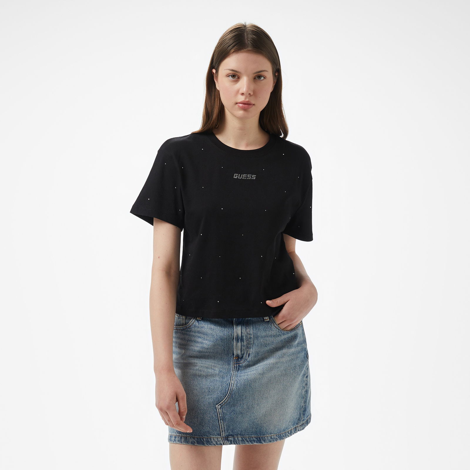 Guess Primula Rhinestones  Kadın Siyah T-Shirt
