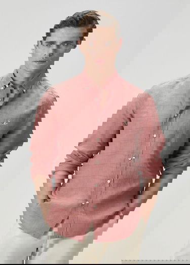  Beymen Club Erkek Comfort Fit Koyu Pembe Ekose Desenli Keten Gömlek
