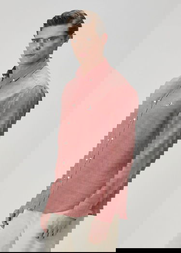  Beymen Club Erkek Comfort Fit Koyu Pembe Ekose Desenli Keten Gömlek