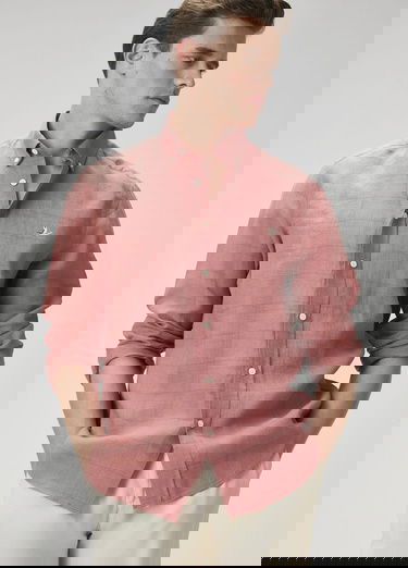  Beymen Club Erkek Comfort Fit Koyu Pembe Ekose Desenli Keten Gömlek