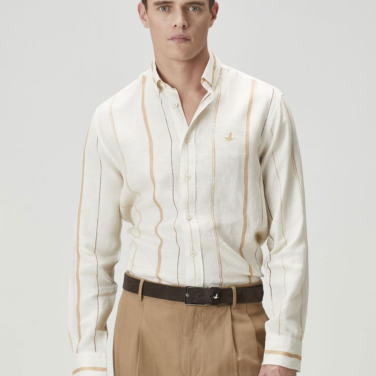 Beymen Club Erkek Comfort Fit Krem Çizgi Desenli Keten Gömlek