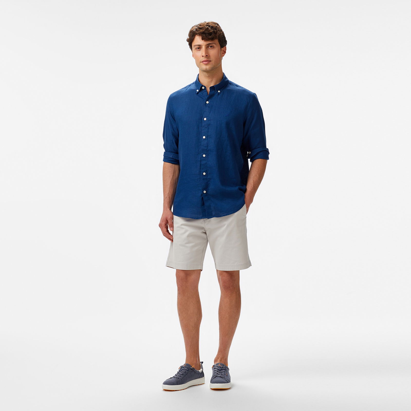 Nautica Erkek Mavi Classic Fit Keten Gömlek