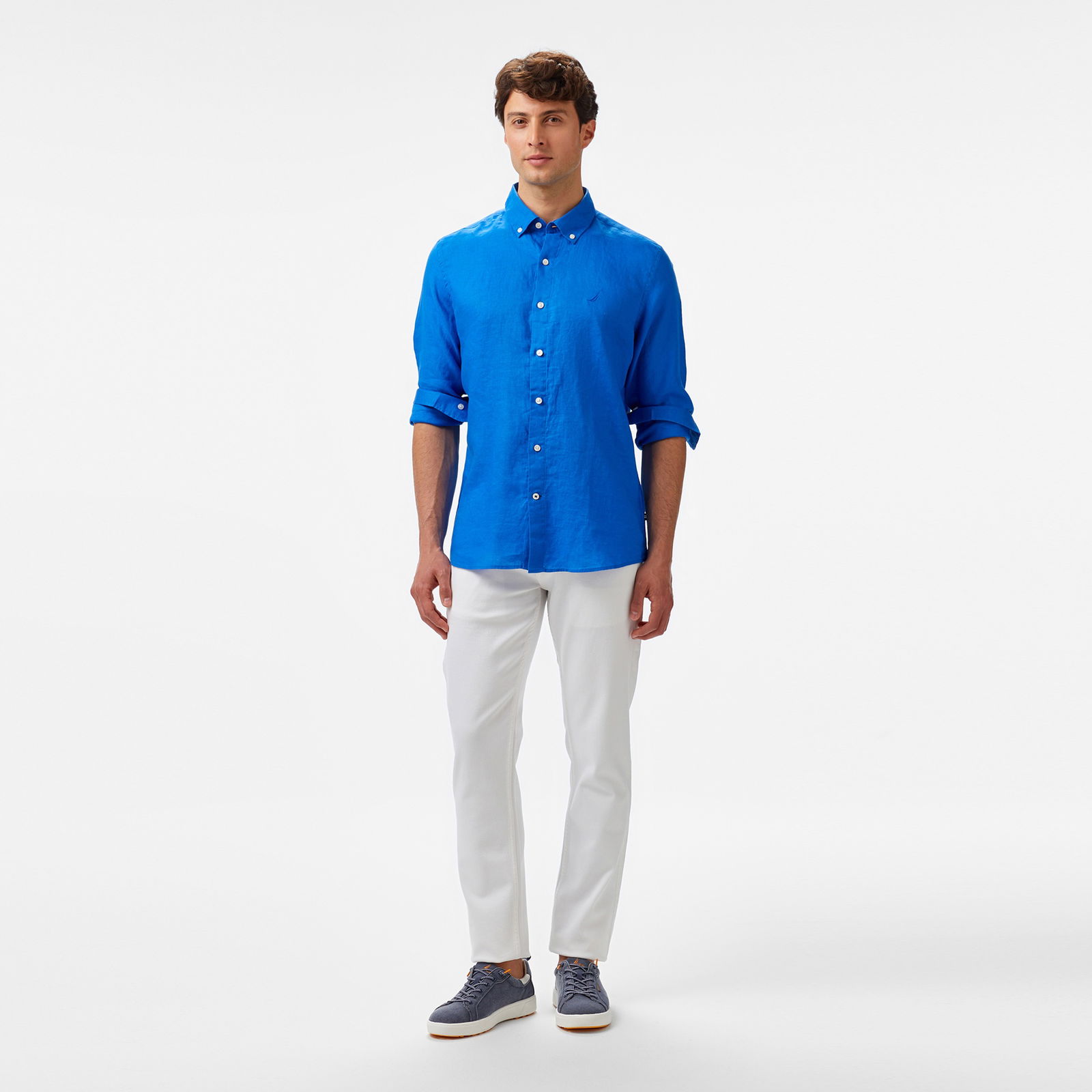 Nautica Erkek Mavi Classic Fit Keten Gömlek