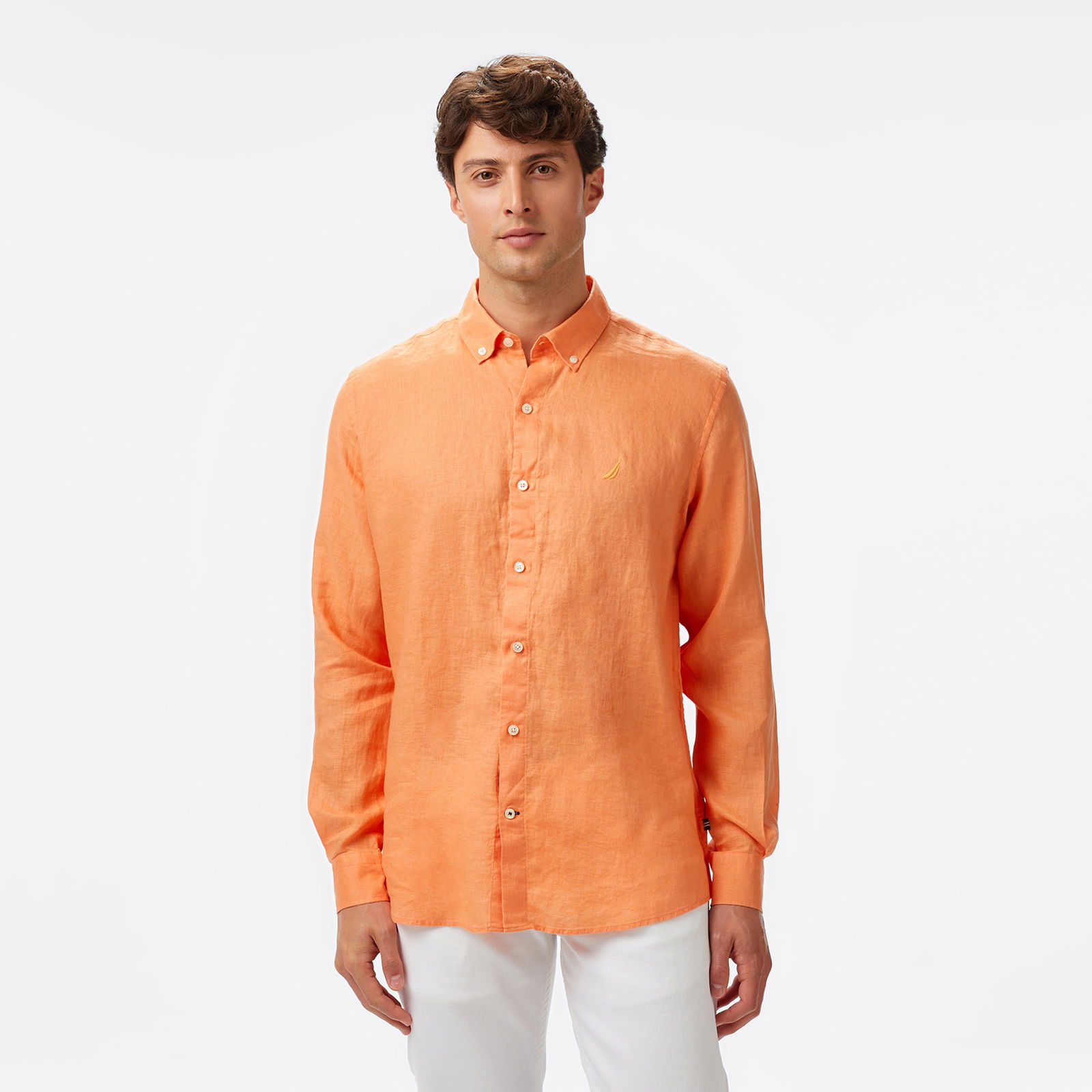 Nautica Erkek Turuncu Classic Fit Keten Gömlek