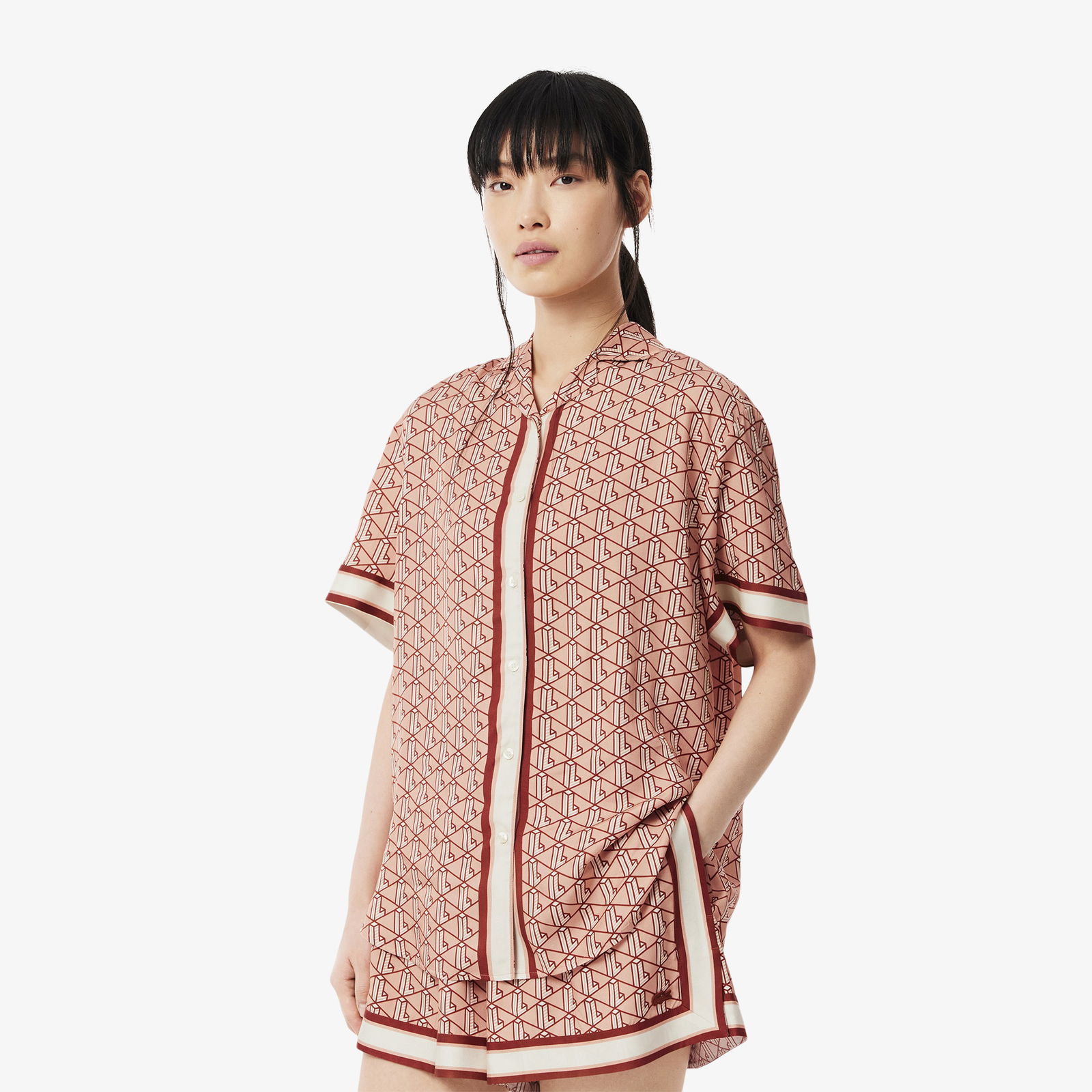 Lacoste Kadın Oversize Fit Kısa Kollu Monogram Bej Gömlek