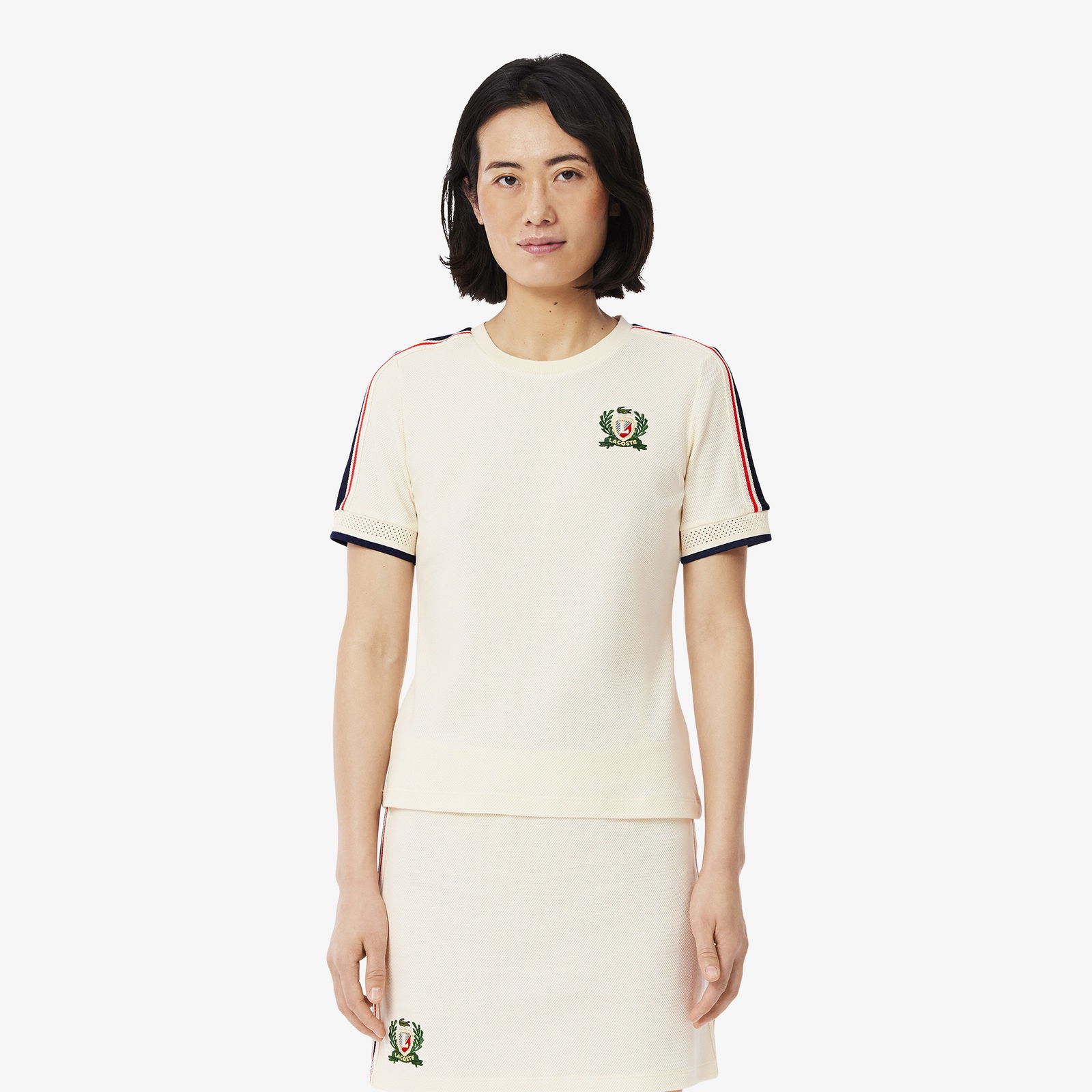 Lacoste Kadın Slim Fit Bisiklet Yaka Renk Bloklu Krem T-Shirt