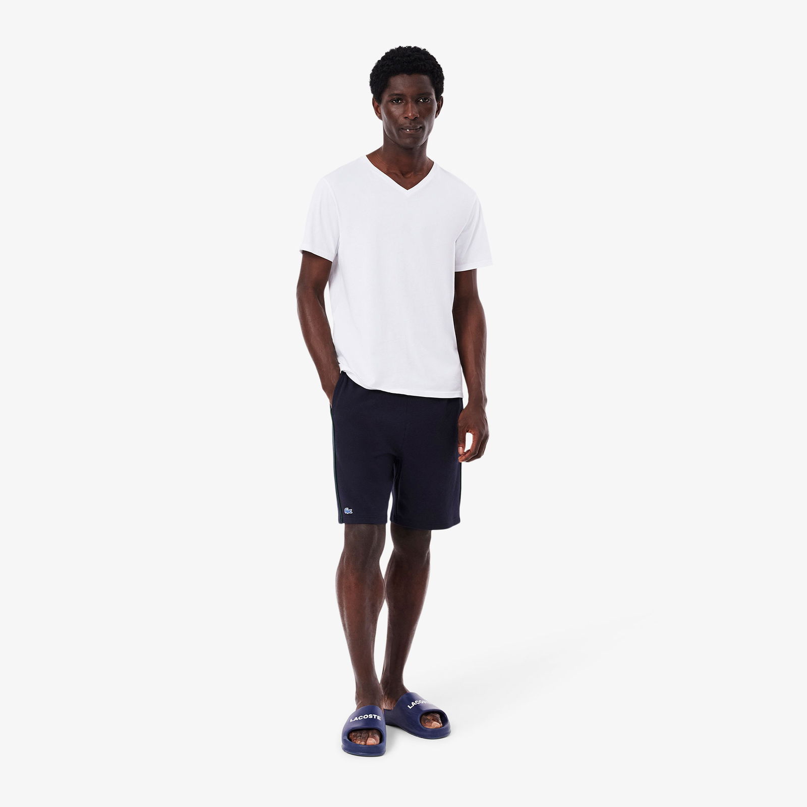 Lacoste Erkek Slim Fit Kısa Kollu V Yaka 3'lü Beyaz Pijama Üstü