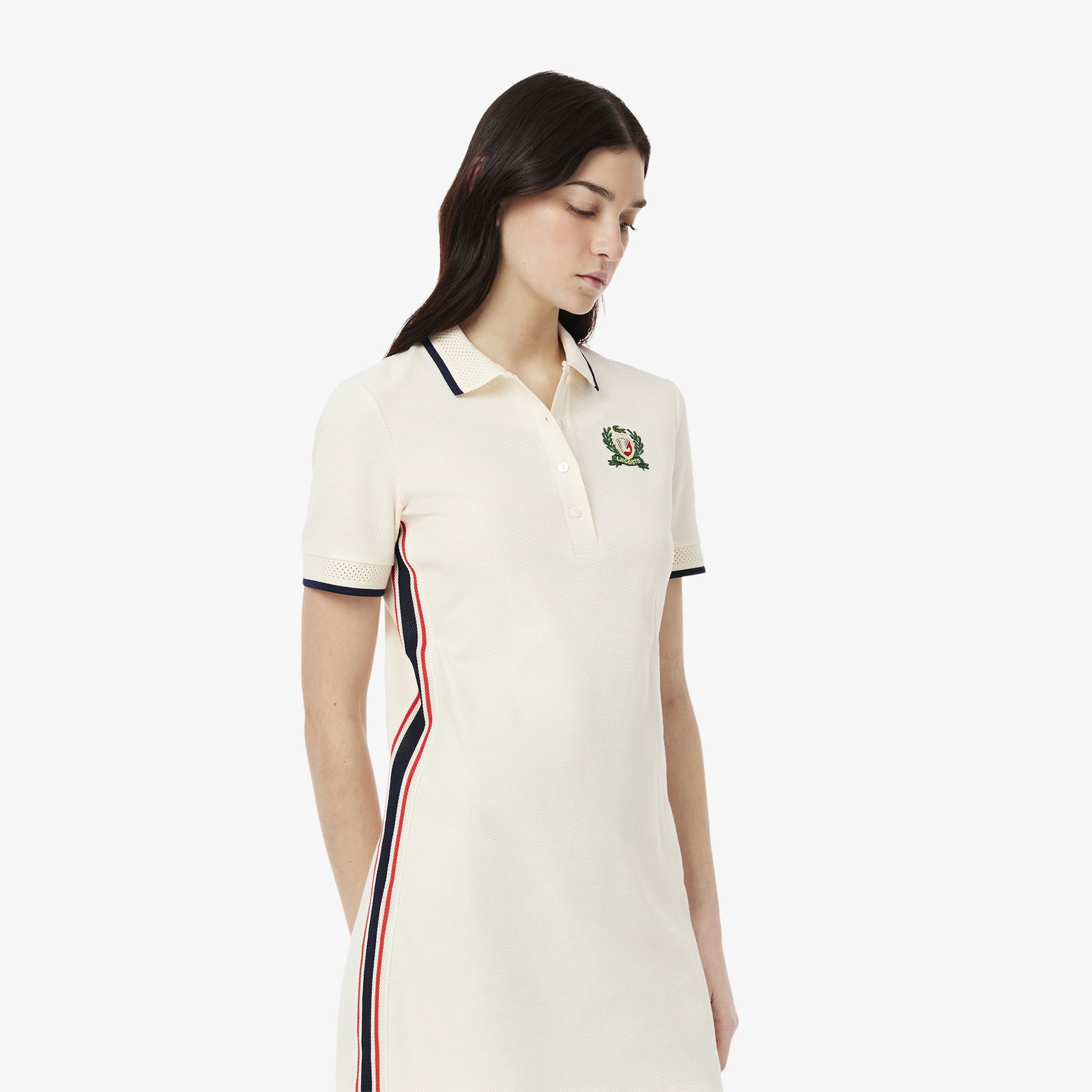 Lacoste Kadın Slim Fit Kısa Kollu Polo Yaka Renk Bloklu Krem Elbise