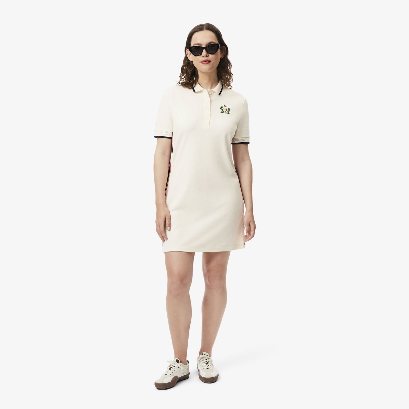 Lacoste Kadın Slim Fit Kısa Kollu Polo Yaka Renk Bloklu Krem Elbise