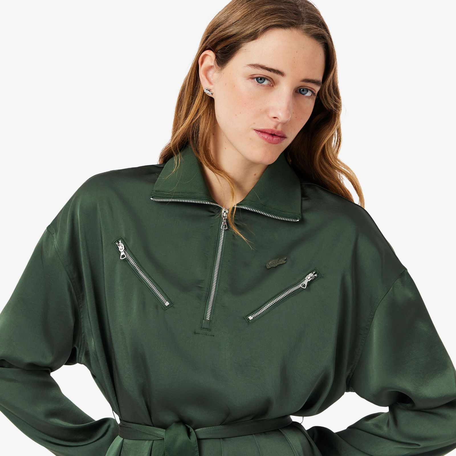 Lacoste Kadın Relaxed Fit Uzun Kollu Yarım Fermuarlı Koyu Yeşil Elbise