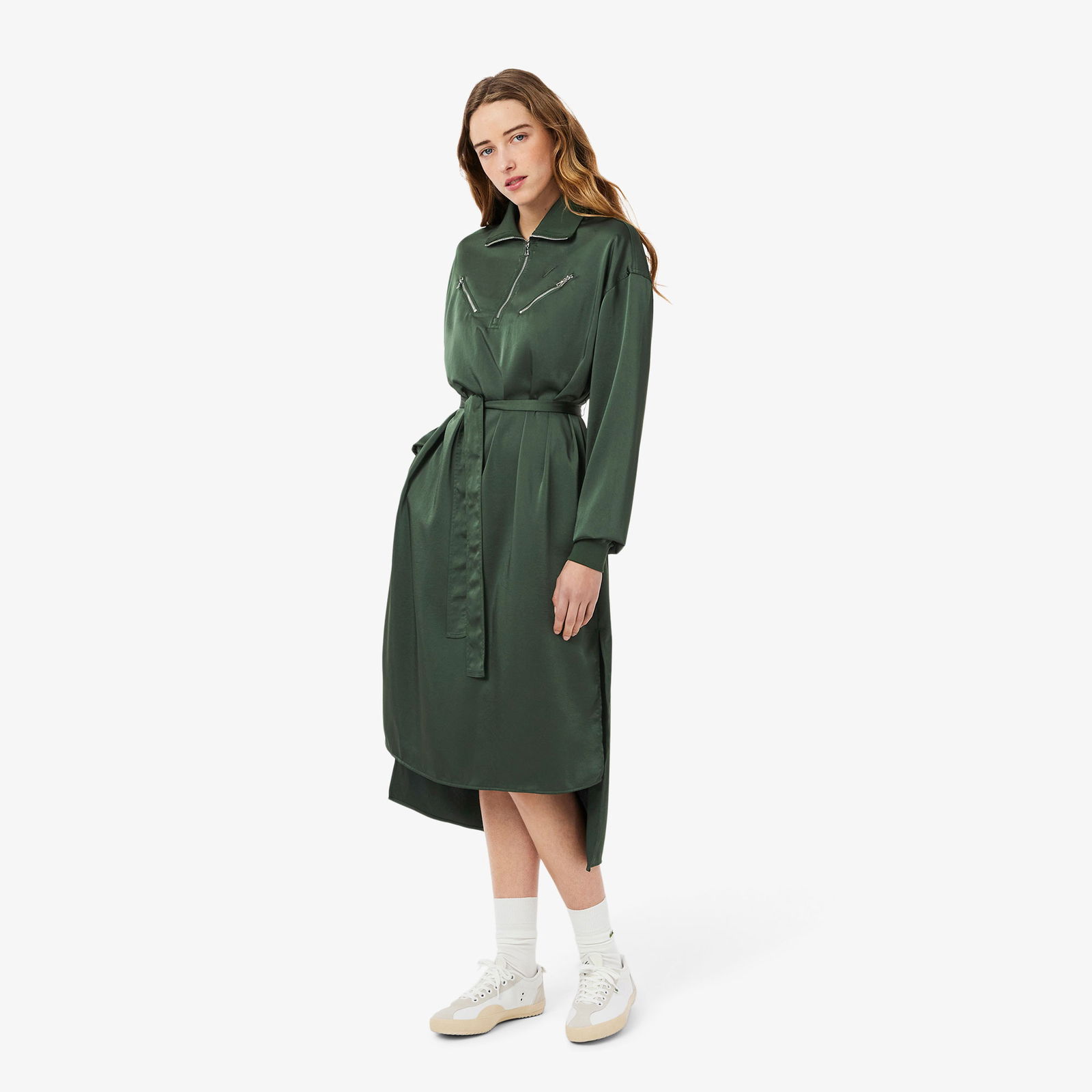 Lacoste Kadın Relaxed Fit Uzun Kollu Yarım Fermuarlı Koyu Yeşil Elbise