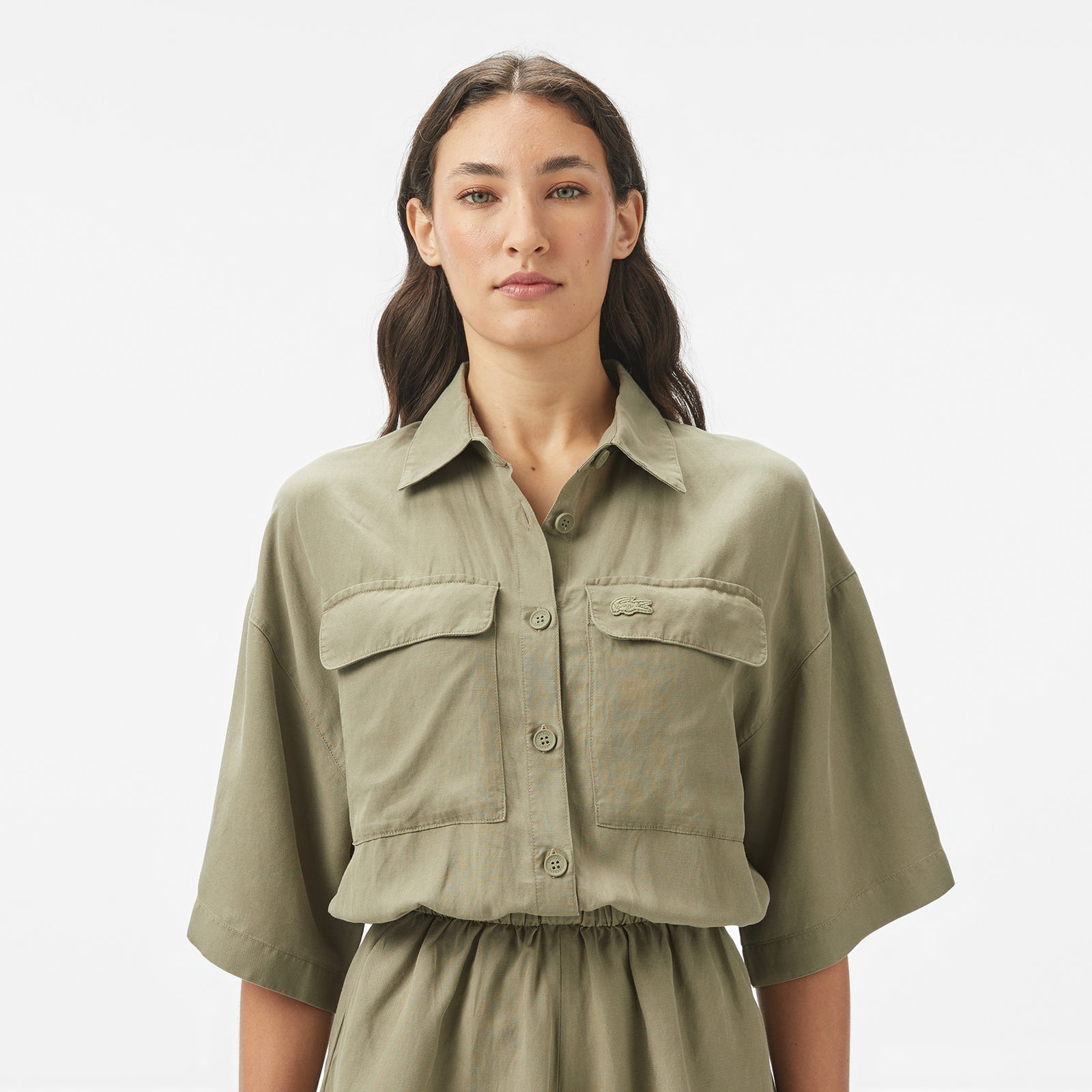 Lacoste Kadın Flare Fit Kısa Kollu Gömlek Yaka Haki Elbise