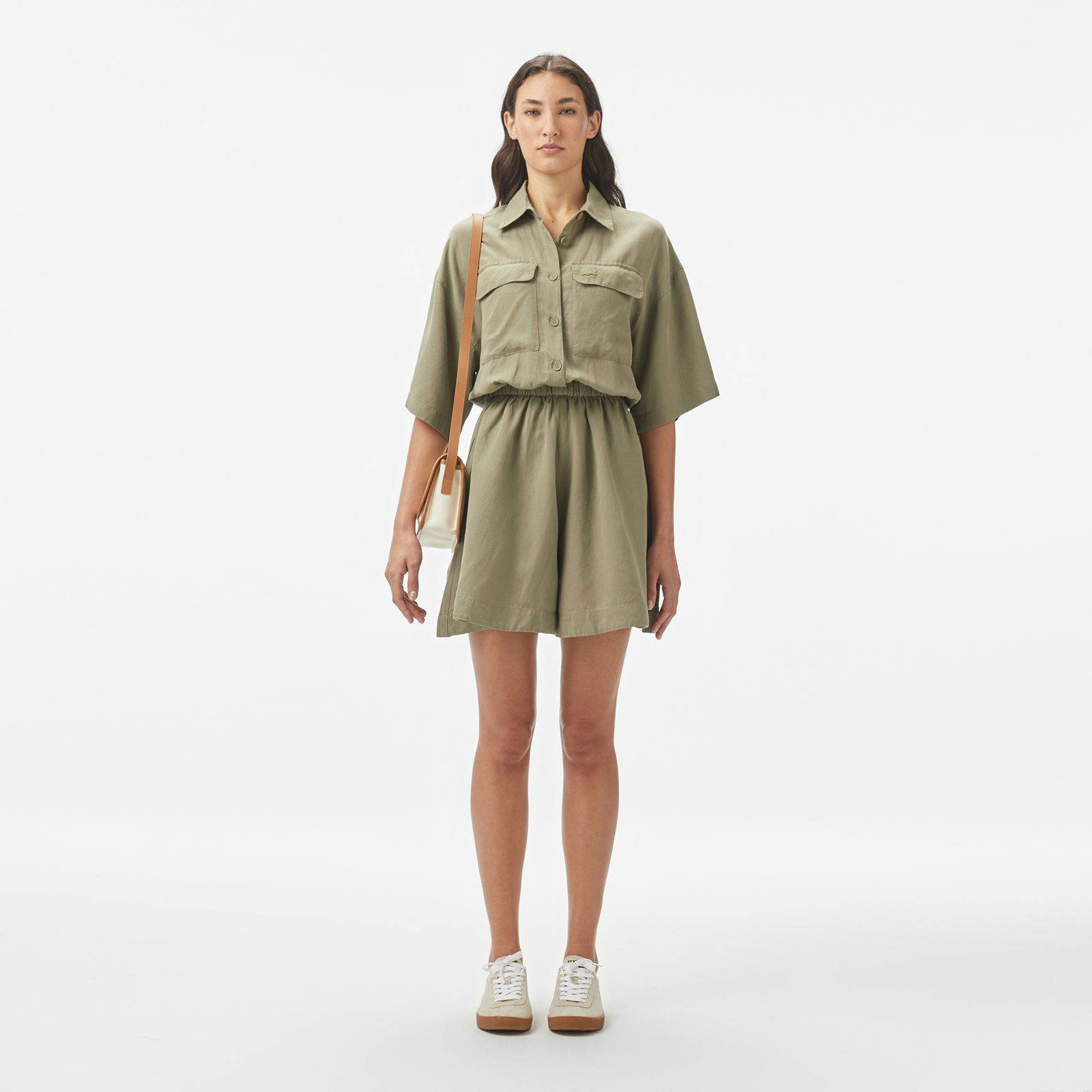 Lacoste Kadın Flare Fit Kısa Kollu Gömlek Yaka Haki Elbise