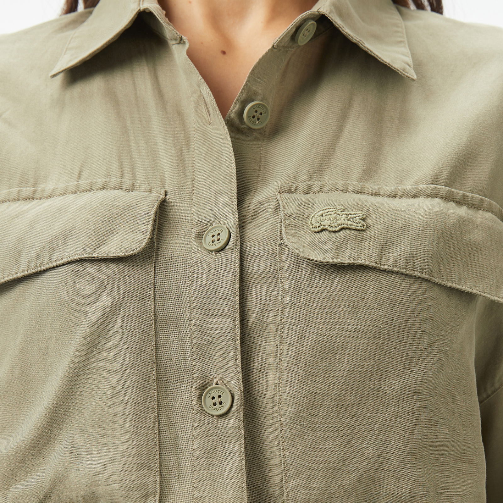 Lacoste Kadın Flare Fit Kısa Kollu Gömlek Yaka Haki Elbise