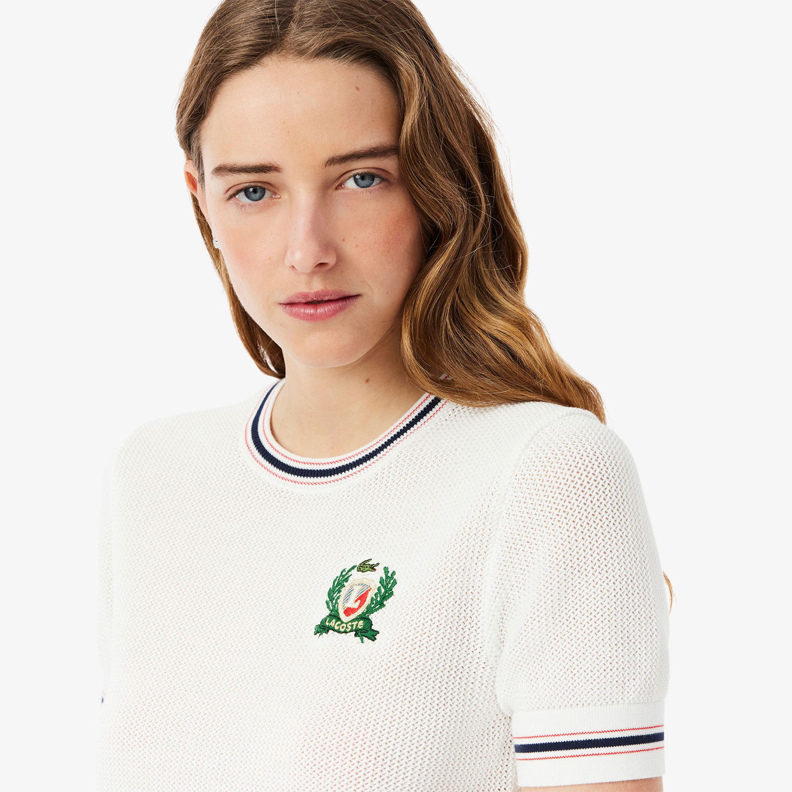 Lacoste Kadın Regular Fit Kısa Kollu Bisiklet Yaka Beyaz Triko